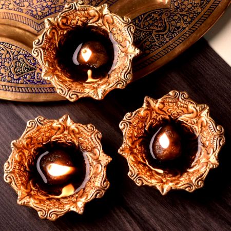 Pack of 3 Hindu Brass Oil Lamp Diya Engraved Floral Swastika Diwali Decoration